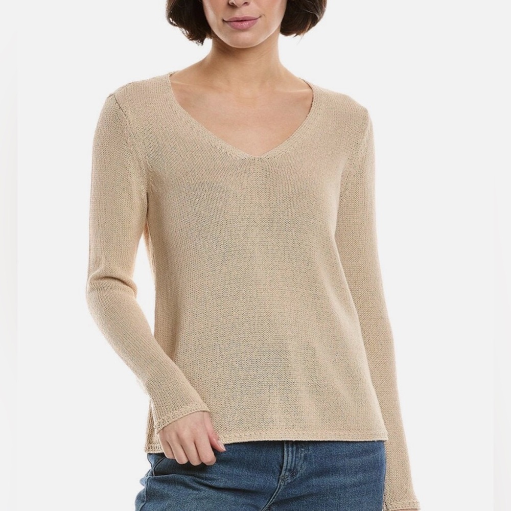 J.McLaughlin Oatmeal Open Textured Knit Rounded V-Neck Lightweight Sweater Sz M